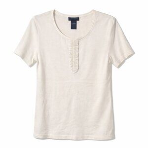🦜KAREN SCOTT White Short Sleeve Top with center ruffle - M